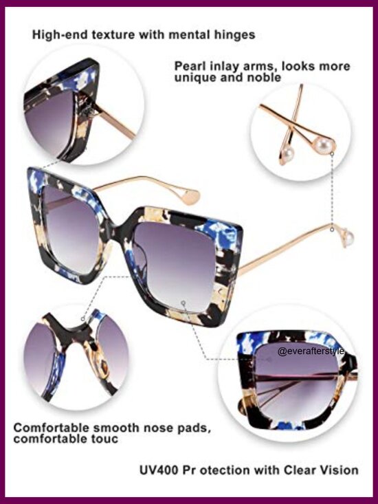 Oversized Square Sunglasses with Pearl Inlay Cat Eye Frame UV400 Protection